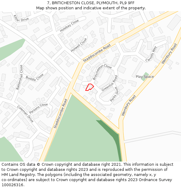 7, BRITICHESTON CLOSE, PLYMOUTH, PL9 9FF: Location map and indicative extent of plot