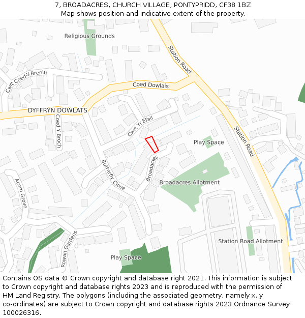 7, BROADACRES, CHURCH VILLAGE, PONTYPRIDD, CF38 1BZ: Location map and indicative extent of plot