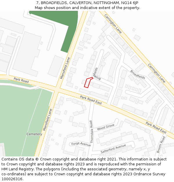 7, BROADFIELDS, CALVERTON, NOTTINGHAM, NG14 6JP: Location map and indicative extent of plot