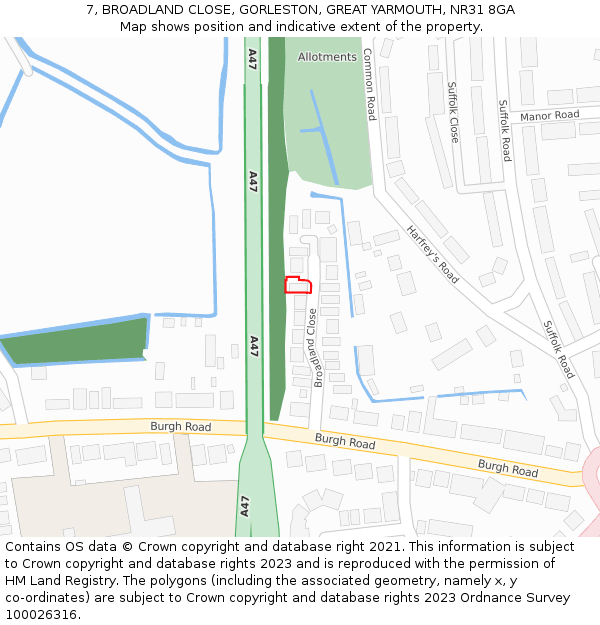 7, BROADLAND CLOSE, GORLESTON, GREAT YARMOUTH, NR31 8GA: Location map and indicative extent of plot