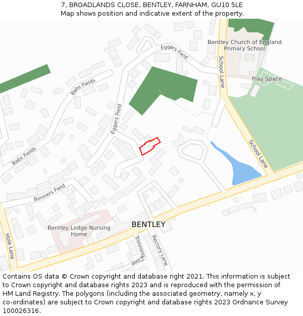 7, BROADLANDS CLOSE, BENTLEY, FARNHAM, GU10 5LE: Location map and indicative extent of plot