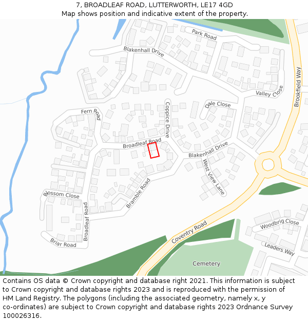 7, BROADLEAF ROAD, LUTTERWORTH, LE17 4GD: Location map and indicative extent of plot