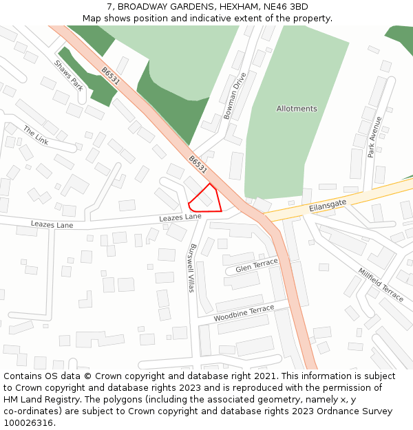 7, BROADWAY GARDENS, HEXHAM, NE46 3BD: Location map and indicative extent of plot