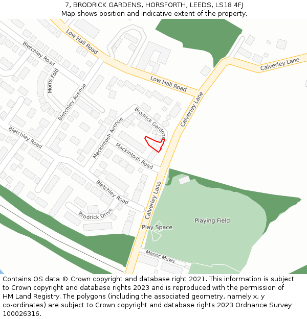 7, BRODRICK GARDENS, HORSFORTH, LEEDS, LS18 4FJ: Location map and indicative extent of plot