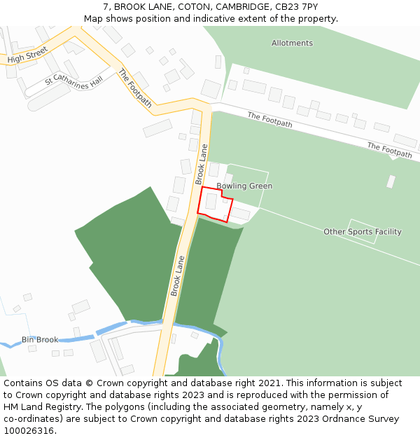 7, BROOK LANE, COTON, CAMBRIDGE, CB23 7PY: Location map and indicative extent of plot
