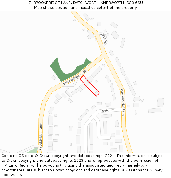 7, BROOKBRIDGE LANE, DATCHWORTH, KNEBWORTH, SG3 6SU: Location map and indicative extent of plot