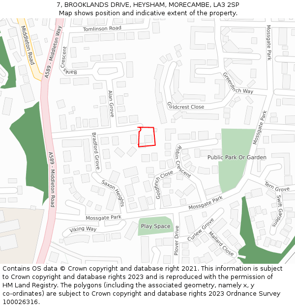 7, BROOKLANDS DRIVE, HEYSHAM, MORECAMBE, LA3 2SP: Location map and indicative extent of plot