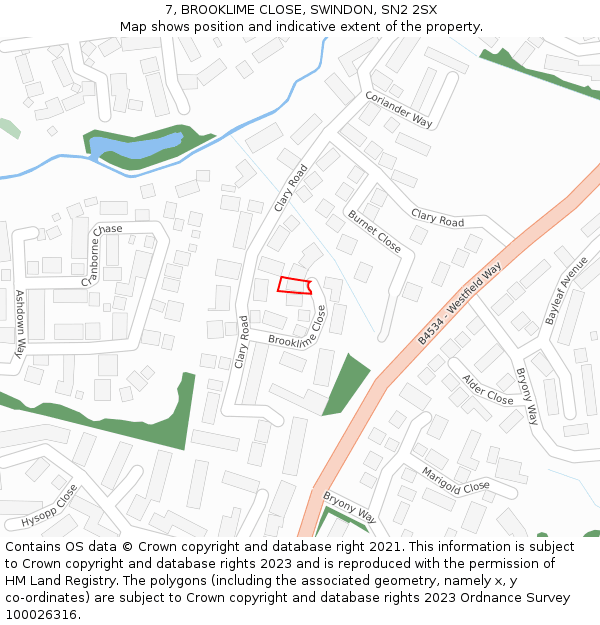 7, BROOKLIME CLOSE, SWINDON, SN2 2SX: Location map and indicative extent of plot