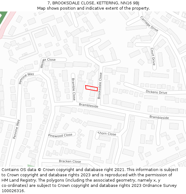 7, BROOKSDALE CLOSE, KETTERING, NN16 9BJ: Location map and indicative extent of plot