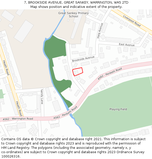 7, BROOKSIDE AVENUE, GREAT SANKEY, WARRINGTON, WA5 2TD: Location map and indicative extent of plot