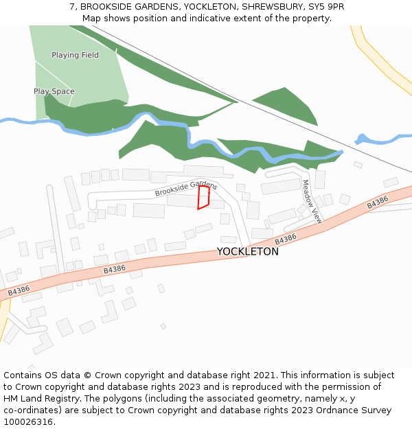 7, BROOKSIDE GARDENS, YOCKLETON, SHREWSBURY, SY5 9PR: Location map and indicative extent of plot