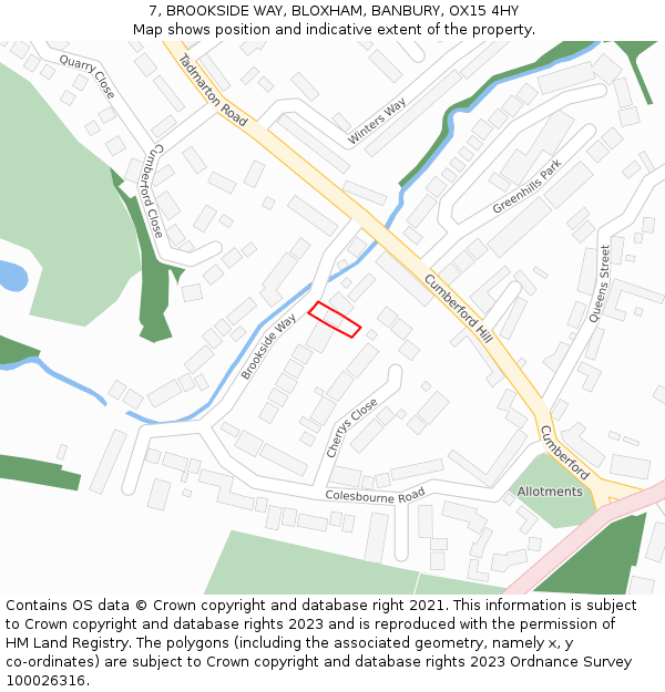 7, BROOKSIDE WAY, BLOXHAM, BANBURY, OX15 4HY: Location map and indicative extent of plot