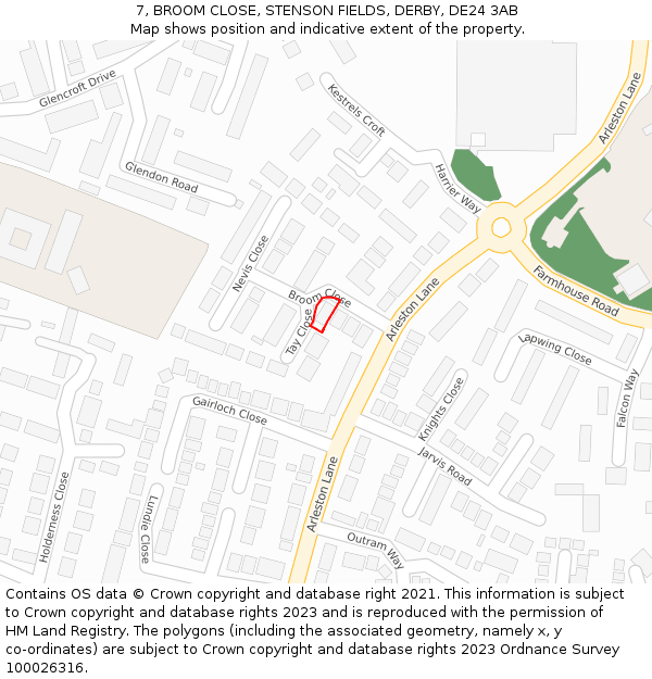7, BROOM CLOSE, STENSON FIELDS, DERBY, DE24 3AB: Location map and indicative extent of plot