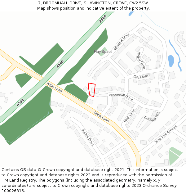 7, BROOMHALL DRIVE, SHAVINGTON, CREWE, CW2 5SW: Location map and indicative extent of plot