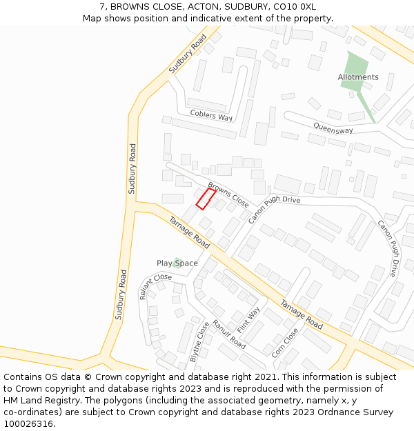 7, BROWNS CLOSE, ACTON, SUDBURY, CO10 0XL: Location map and indicative extent of plot