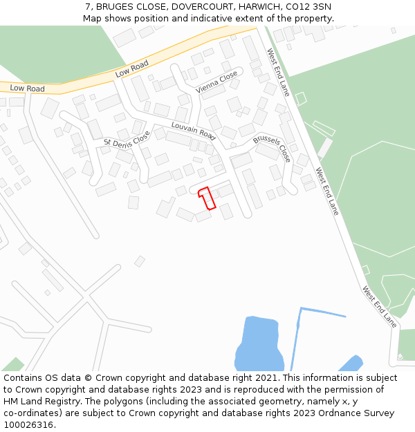 7, BRUGES CLOSE, DOVERCOURT, HARWICH, CO12 3SN: Location map and indicative extent of plot