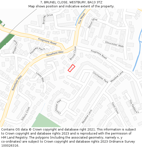 7, BRUNEL CLOSE, WESTBURY, BA13 3TZ: Location map and indicative extent of plot