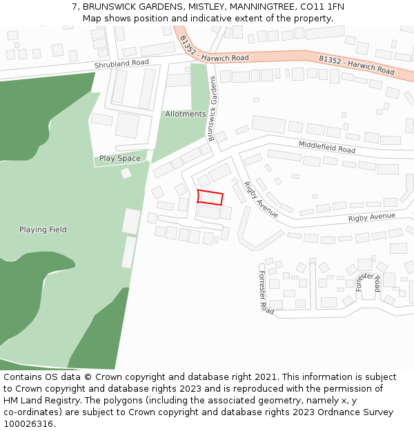 7, BRUNSWICK GARDENS, MISTLEY, MANNINGTREE, CO11 1FN: Location map and indicative extent of plot