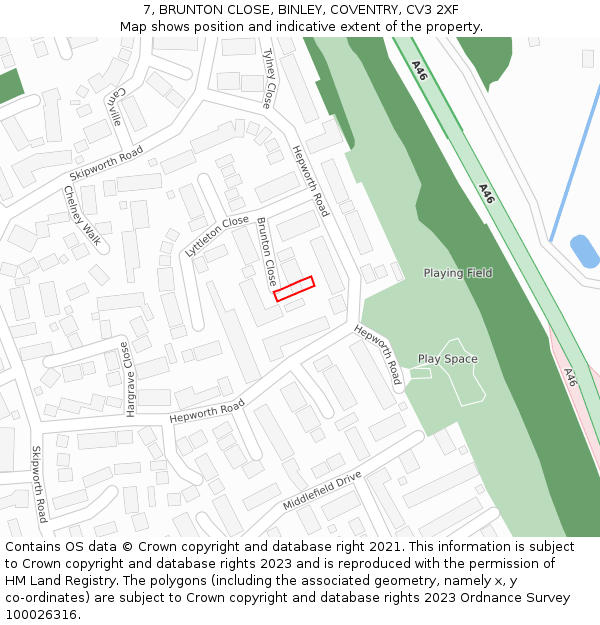 7, BRUNTON CLOSE, BINLEY, COVENTRY, CV3 2XF: Location map and indicative extent of plot