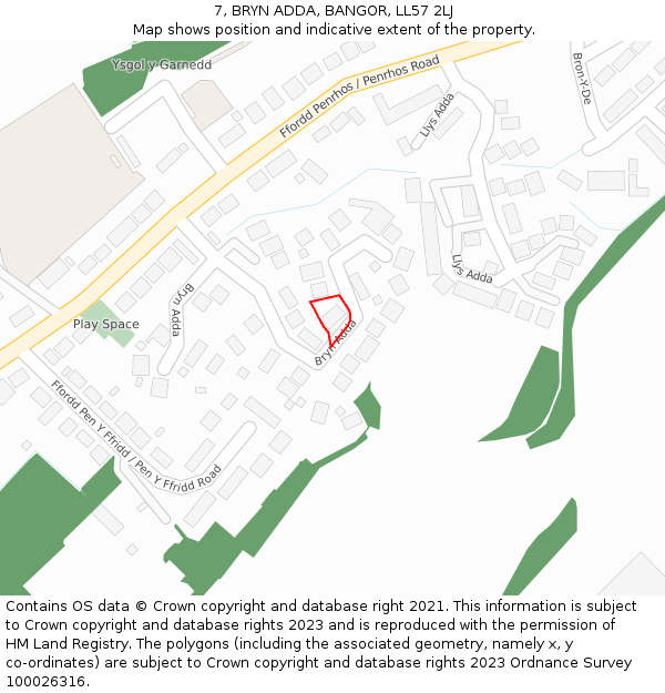 7, BRYN ADDA, BANGOR, LL57 2LJ: Location map and indicative extent of plot