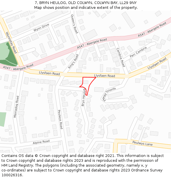 7, BRYN HEULOG, OLD COLWYN, COLWYN BAY, LL29 9NY: Location map and indicative extent of plot