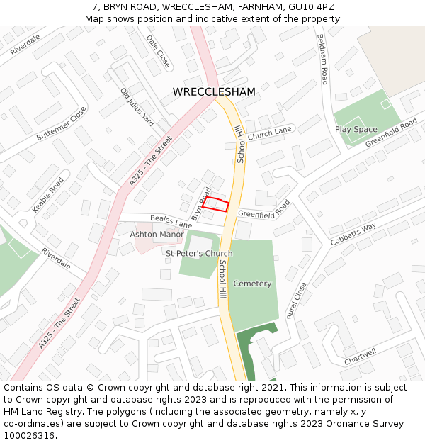 7, BRYN ROAD, WRECCLESHAM, FARNHAM, GU10 4PZ: Location map and indicative extent of plot