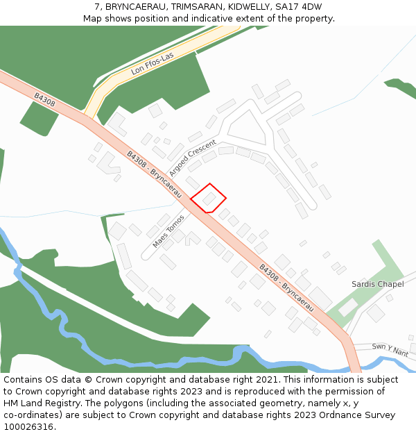 7, BRYNCAERAU, TRIMSARAN, KIDWELLY, SA17 4DW: Location map and indicative extent of plot