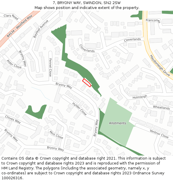 7, BRYONY WAY, SWINDON, SN2 2SW: Location map and indicative extent of plot