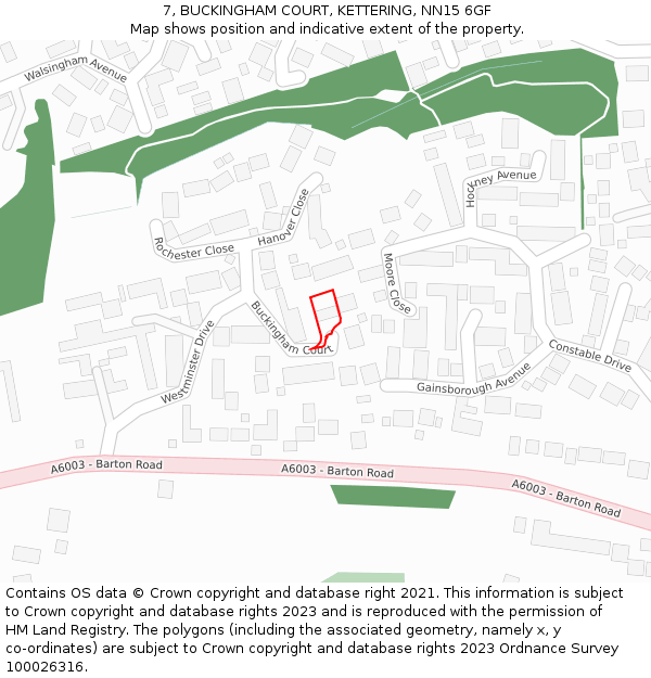 7, BUCKINGHAM COURT, KETTERING, NN15 6GF: Location map and indicative extent of plot
