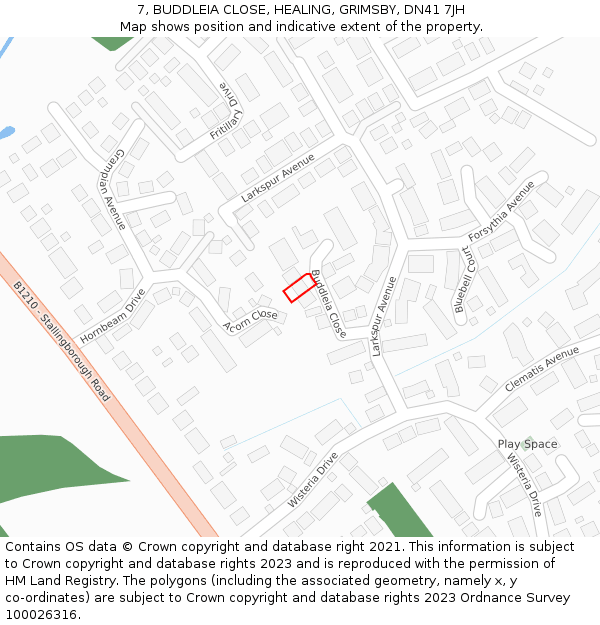 7, BUDDLEIA CLOSE, HEALING, GRIMSBY, DN41 7JH: Location map and indicative extent of plot