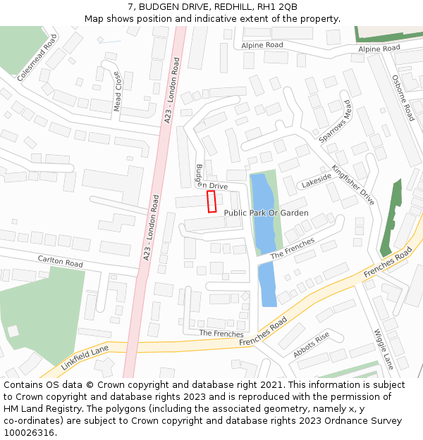 7, BUDGEN DRIVE, REDHILL, RH1 2QB: Location map and indicative extent of plot