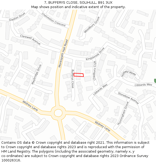 7, BUFFERYS CLOSE, SOLIHULL, B91 3UX: Location map and indicative extent of plot