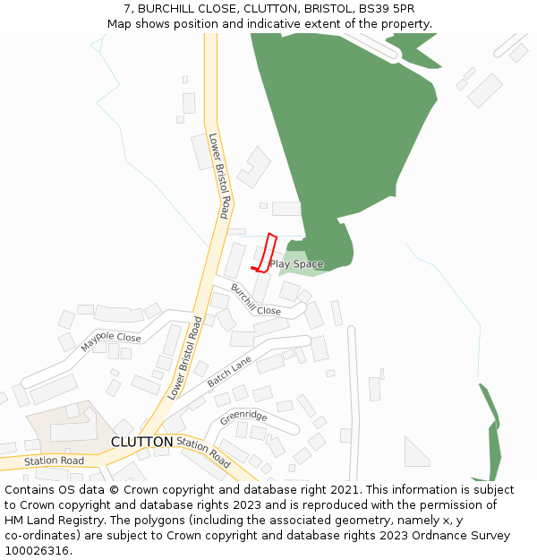7, BURCHILL CLOSE, CLUTTON, BRISTOL, BS39 5PR: Location map and indicative extent of plot