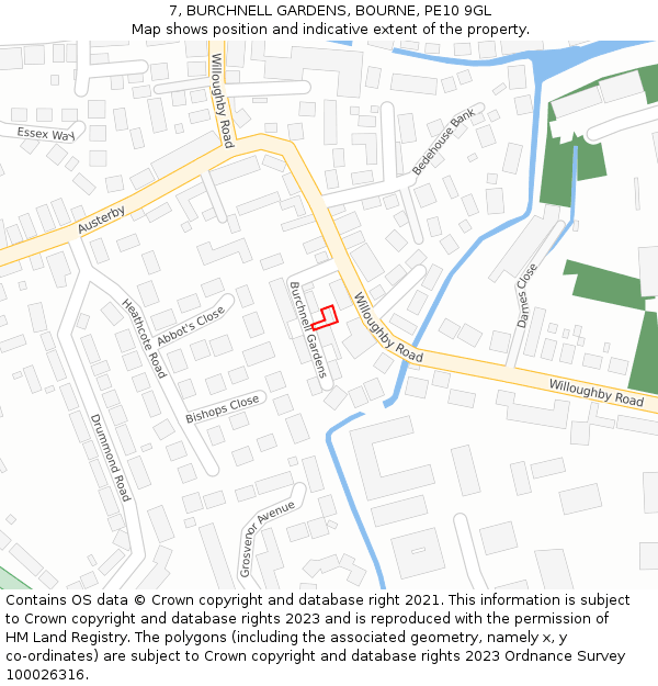 7, BURCHNELL GARDENS, BOURNE, PE10 9GL: Location map and indicative extent of plot