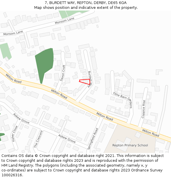 7, BURDETT WAY, REPTON, DERBY, DE65 6GA: Location map and indicative extent of plot