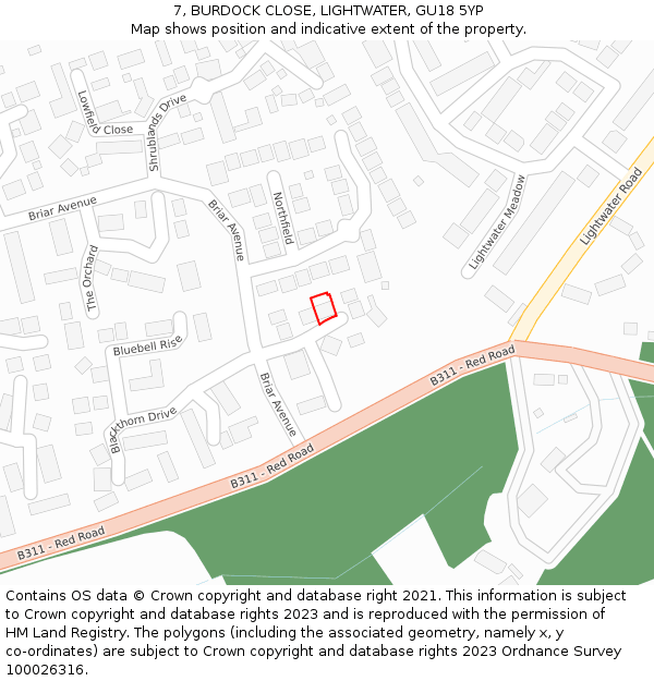 7, BURDOCK CLOSE, LIGHTWATER, GU18 5YP: Location map and indicative extent of plot