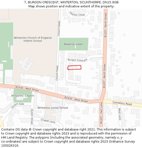 7, BURGON CRESCENT, WINTERTON, SCUNTHORPE, DN15 9GB: Location map and indicative extent of plot