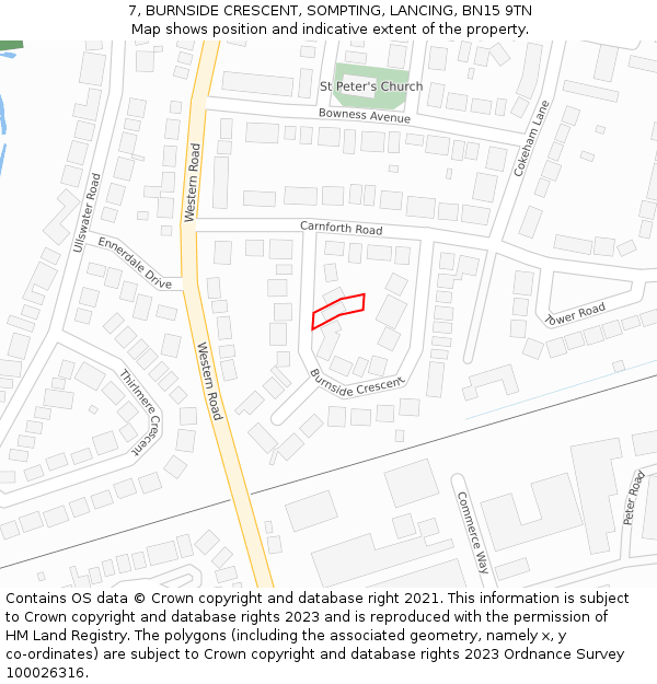 7, BURNSIDE CRESCENT, SOMPTING, LANCING, BN15 9TN: Location map and indicative extent of plot