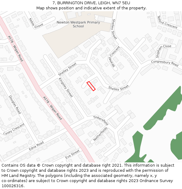 7, BURRINGTON DRIVE, LEIGH, WN7 5EU: Location map and indicative extent of plot