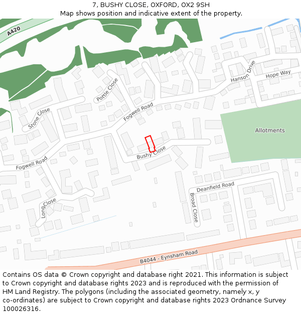 7, BUSHY CLOSE, OXFORD, OX2 9SH: Location map and indicative extent of plot