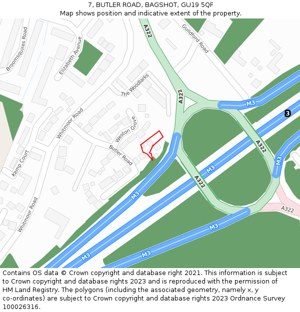 7, BUTLER ROAD, BAGSHOT, GU19 5QF: Location map and indicative extent of plot