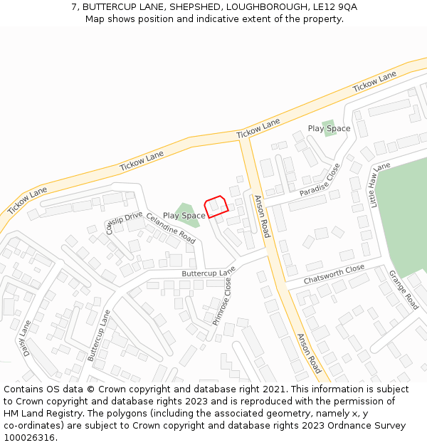 7, BUTTERCUP LANE, SHEPSHED, LOUGHBOROUGH, LE12 9QA: Location map and indicative extent of plot