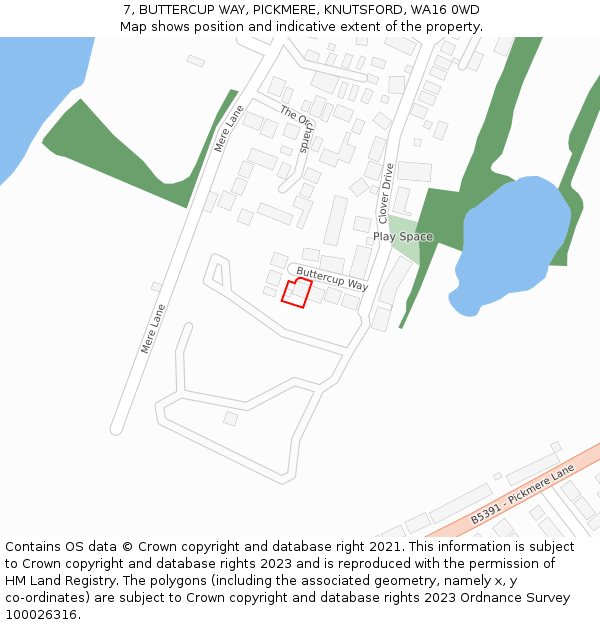 7, BUTTERCUP WAY, PICKMERE, KNUTSFORD, WA16 0WD: Location map and indicative extent of plot