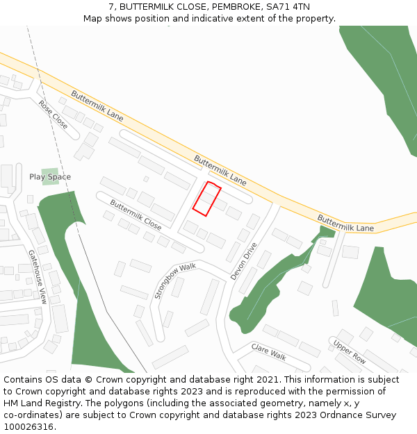 7, BUTTERMILK CLOSE, PEMBROKE, SA71 4TN: Location map and indicative extent of plot