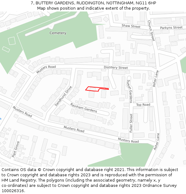 7, BUTTERY GARDENS, RUDDINGTON, NOTTINGHAM, NG11 6HP: Location map and indicative extent of plot