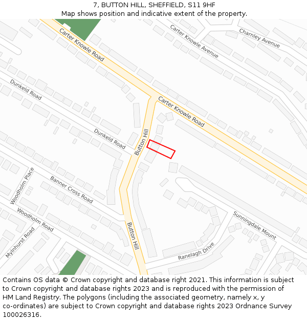 7, BUTTON HILL, SHEFFIELD, S11 9HF: Location map and indicative extent of plot