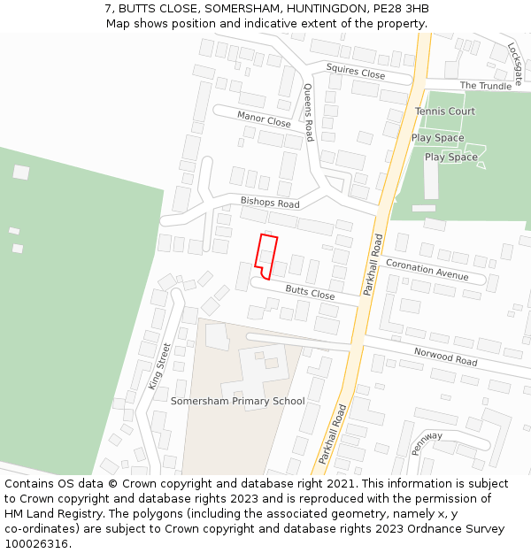 7, BUTTS CLOSE, SOMERSHAM, HUNTINGDON, PE28 3HB: Location map and indicative extent of plot