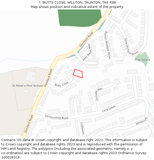 7, BUTTS CLOSE, WILLITON, TAUNTON, TA4 4SB: Location map and indicative extent of plot