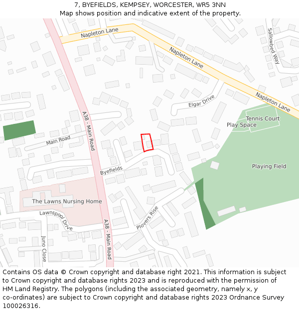 7, BYEFIELDS, KEMPSEY, WORCESTER, WR5 3NN: Location map and indicative extent of plot