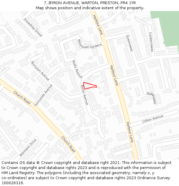 7, BYRON AVENUE, WARTON, PRESTON, PR4 1YR: Location map and indicative extent of plot